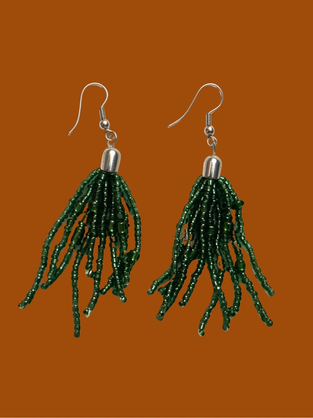 Green Beaded Tassel Drop Earrings with Silver Hooks